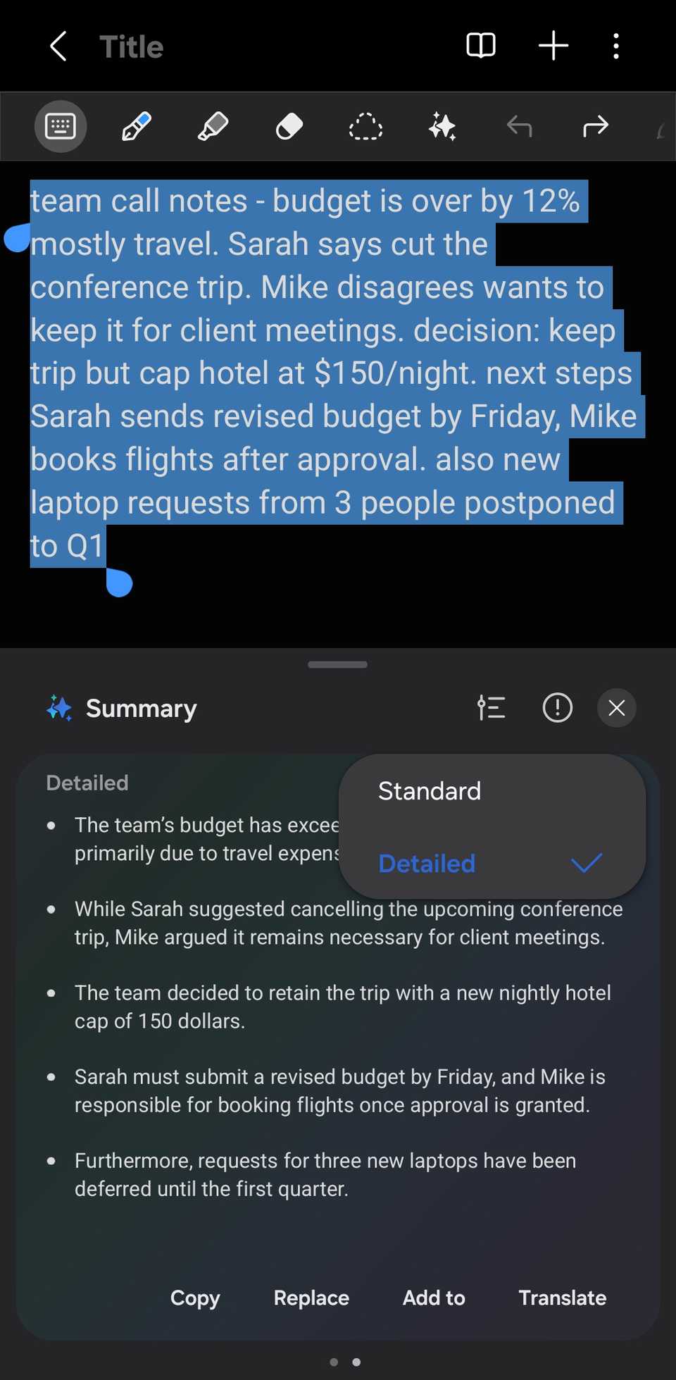 Samsung Notes showing the Galaxy AI Summarize tool.