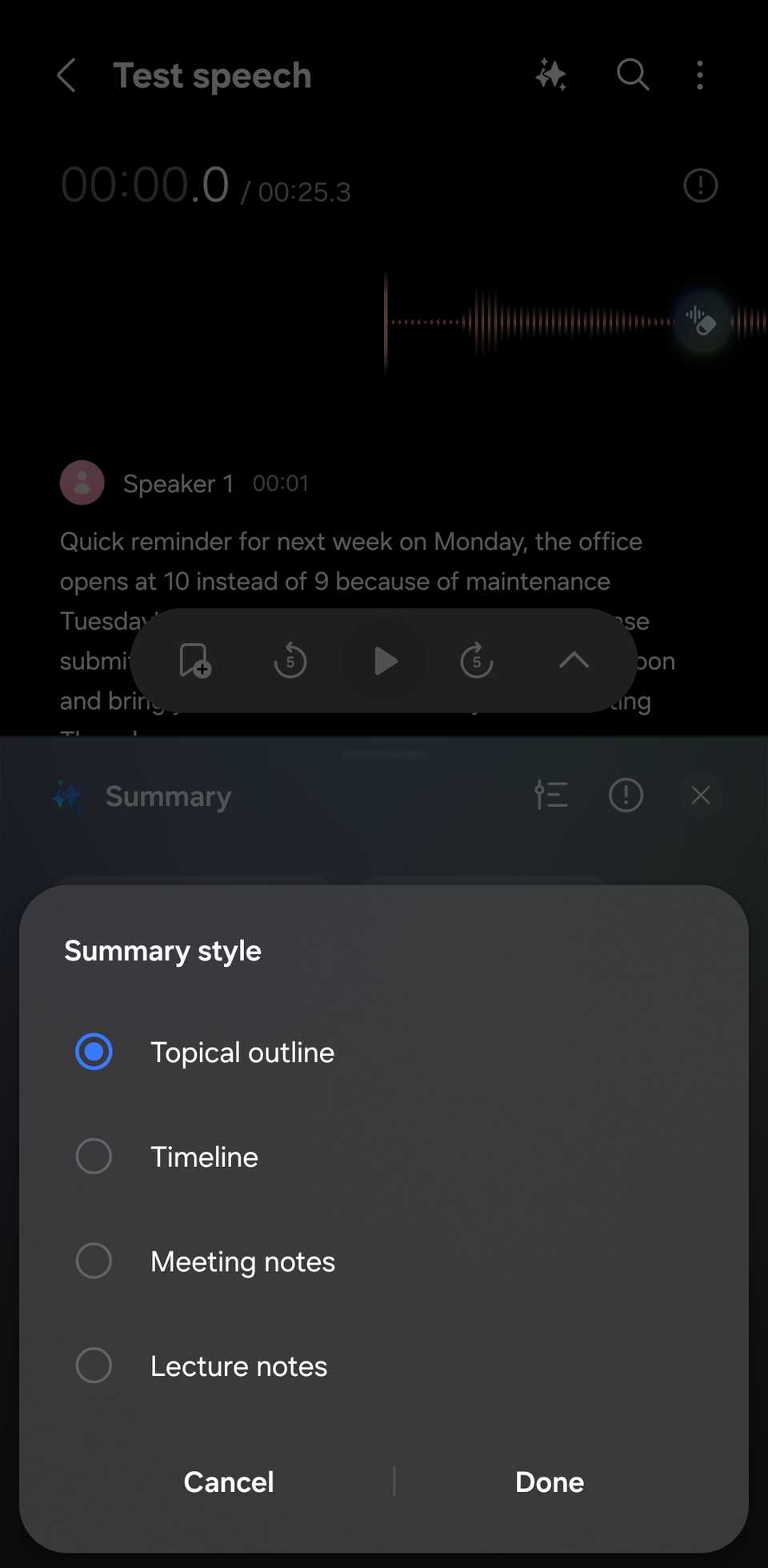 Samsung Voice Recorder showing the Summary tool.