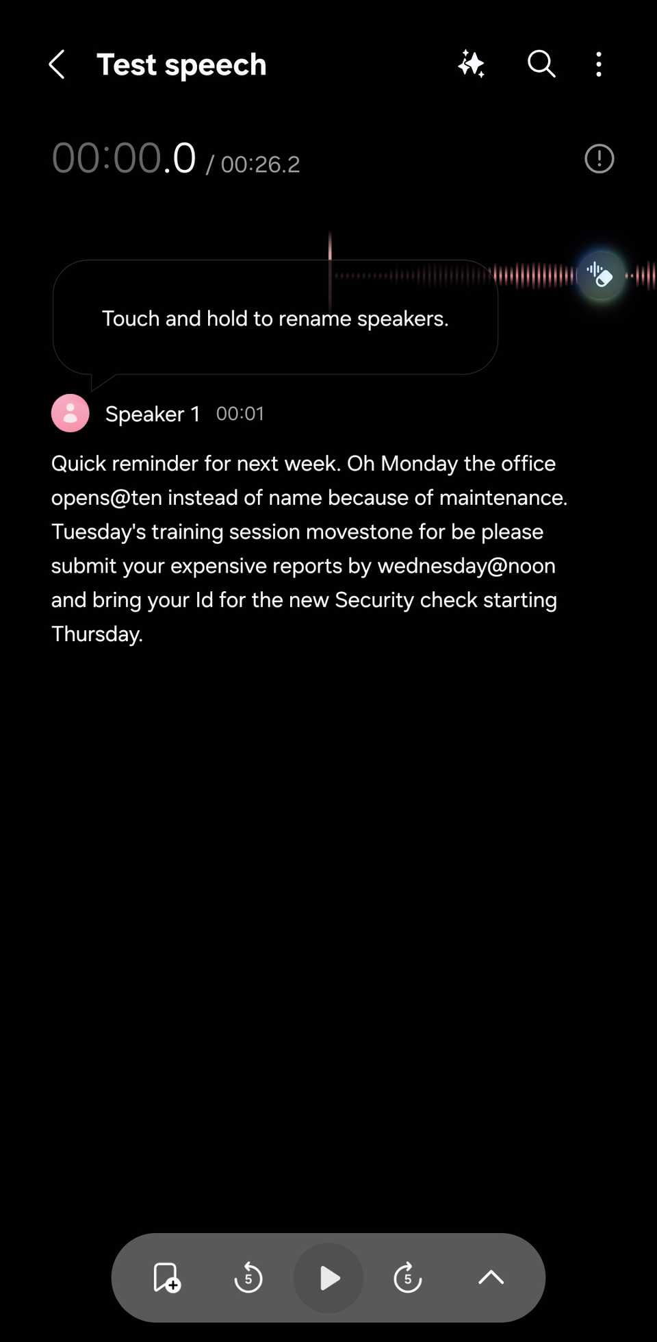 Samsung Voice Recorder showing the Transcribe tool.