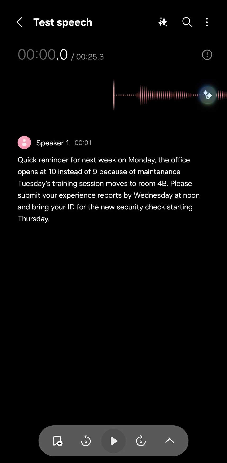 Samsung Voice Recorder showing the Transcribe tool.