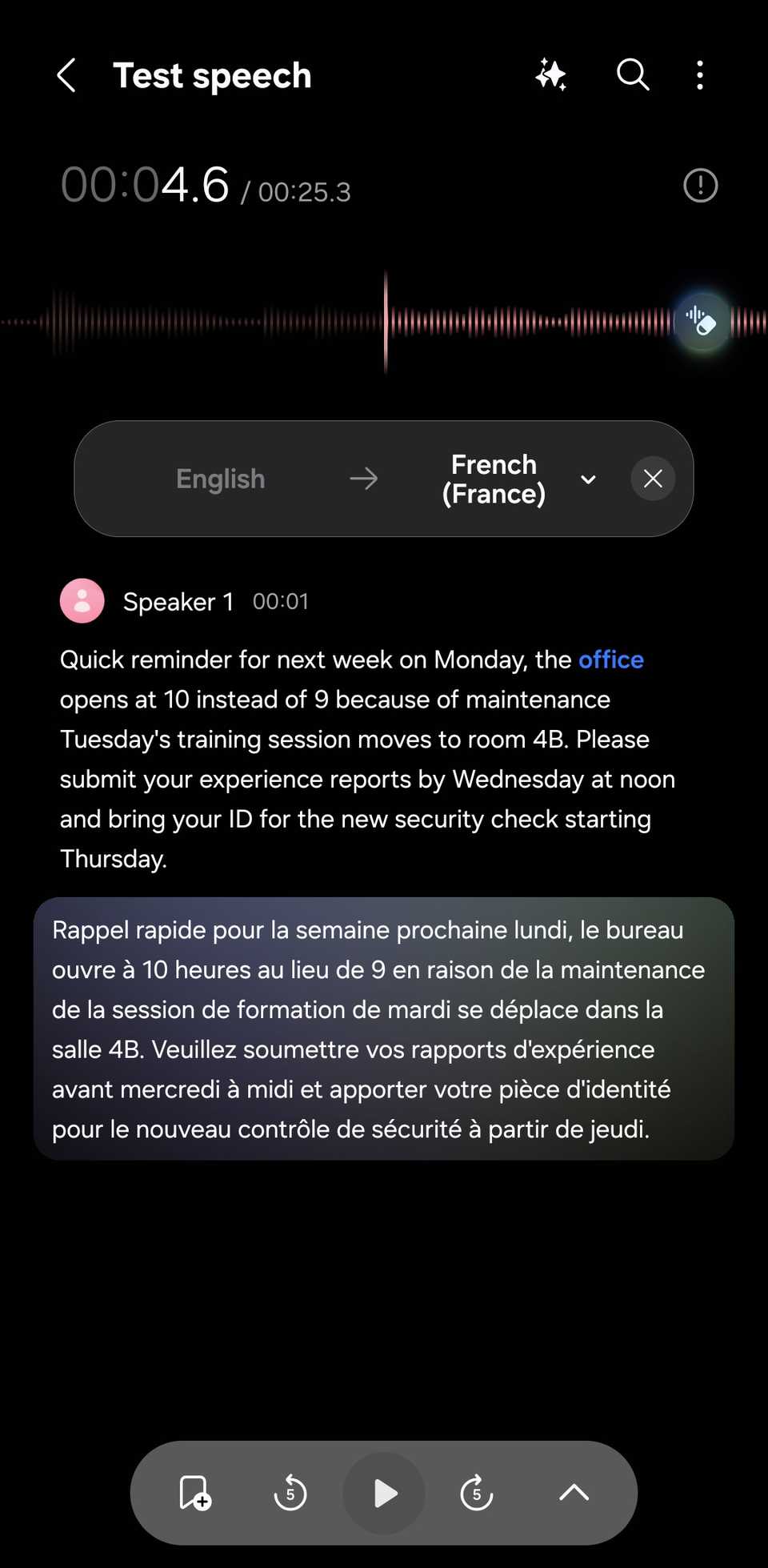 Samsung Voice Recorder showing the Translate tool.