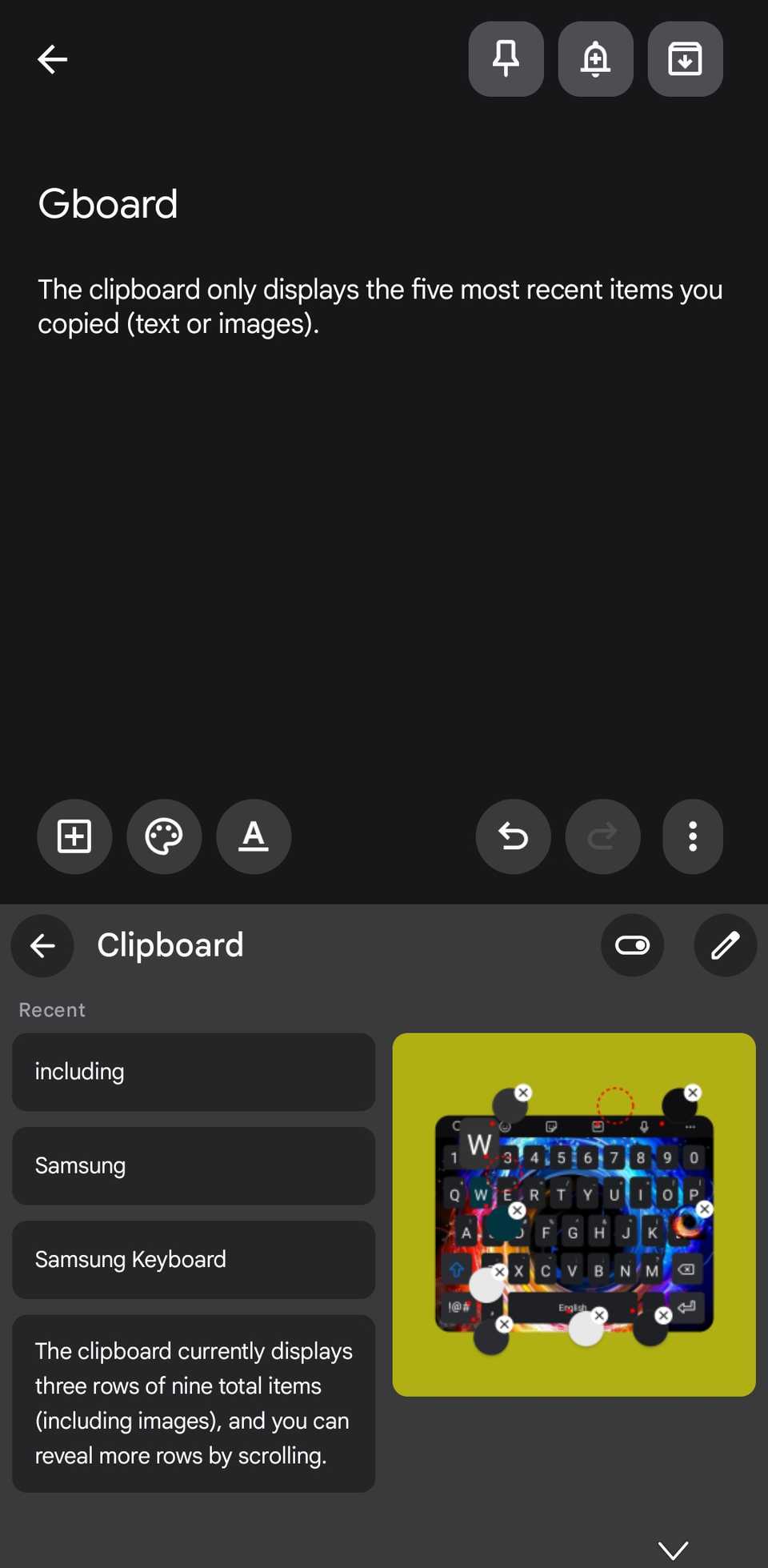 Google Keep app with Gboard's clipboard open, showing copied texts and images.
