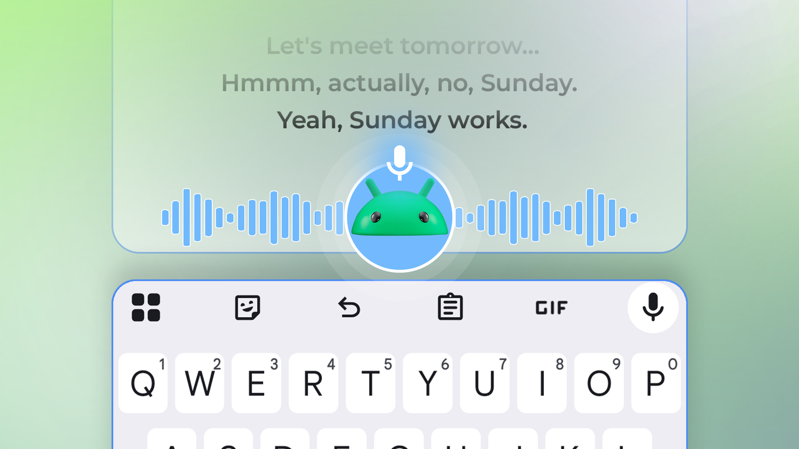 Gboard displaying Rambler voice typing with AI-powered speech correction and the Android mascot.