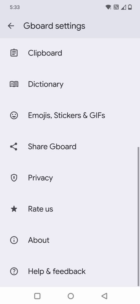 Screenshot che mostra l'opzione Privacy nel menu delle impostazioni di Gboard