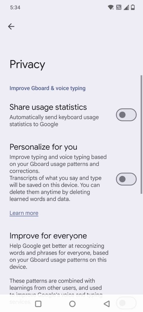 Screenshot che mostra le impostazioni sulla privacy in Gboard