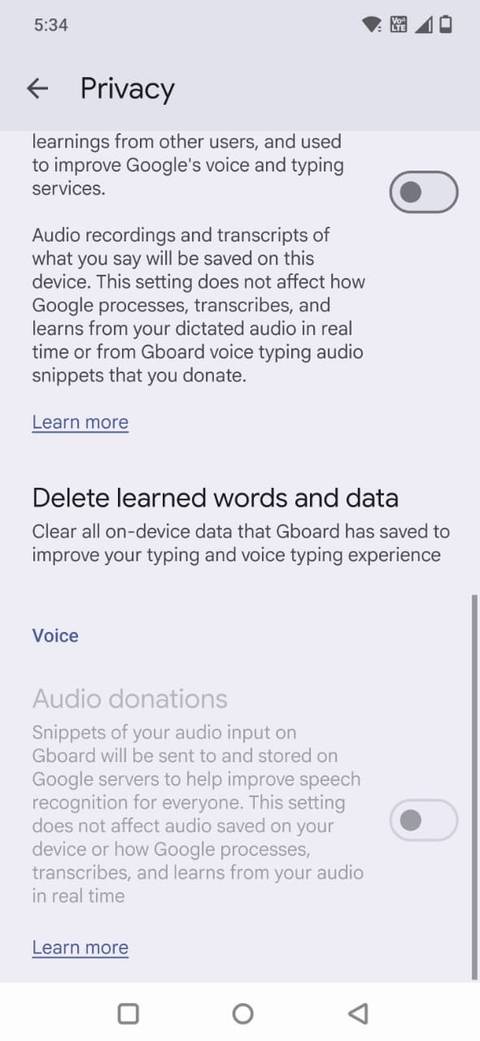 Screenshot che mostra l'attivazione/disattivazione delle donazioni audio nelle impostazioni di Gboard