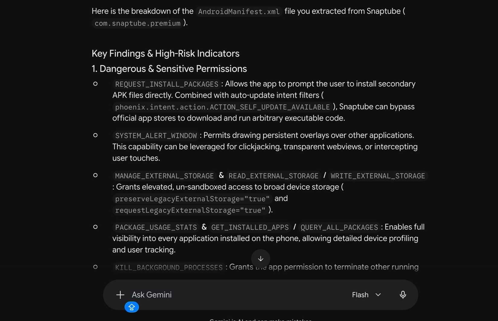 Gemini gives user security analysis report highlighting high-risk Snaptube permissions