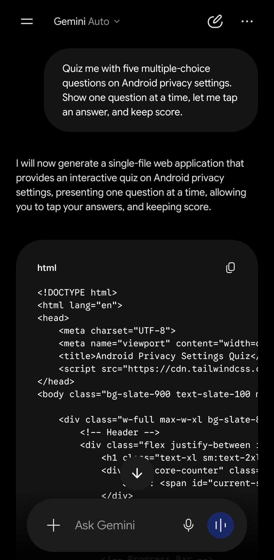 Gemini chat showing a prompt for an Android quiz and part of the results.