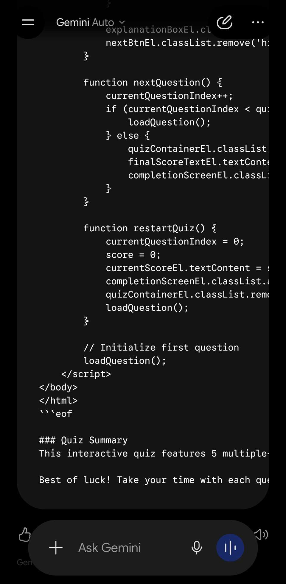 Gemini chat showing part of the results for an Android quiz.