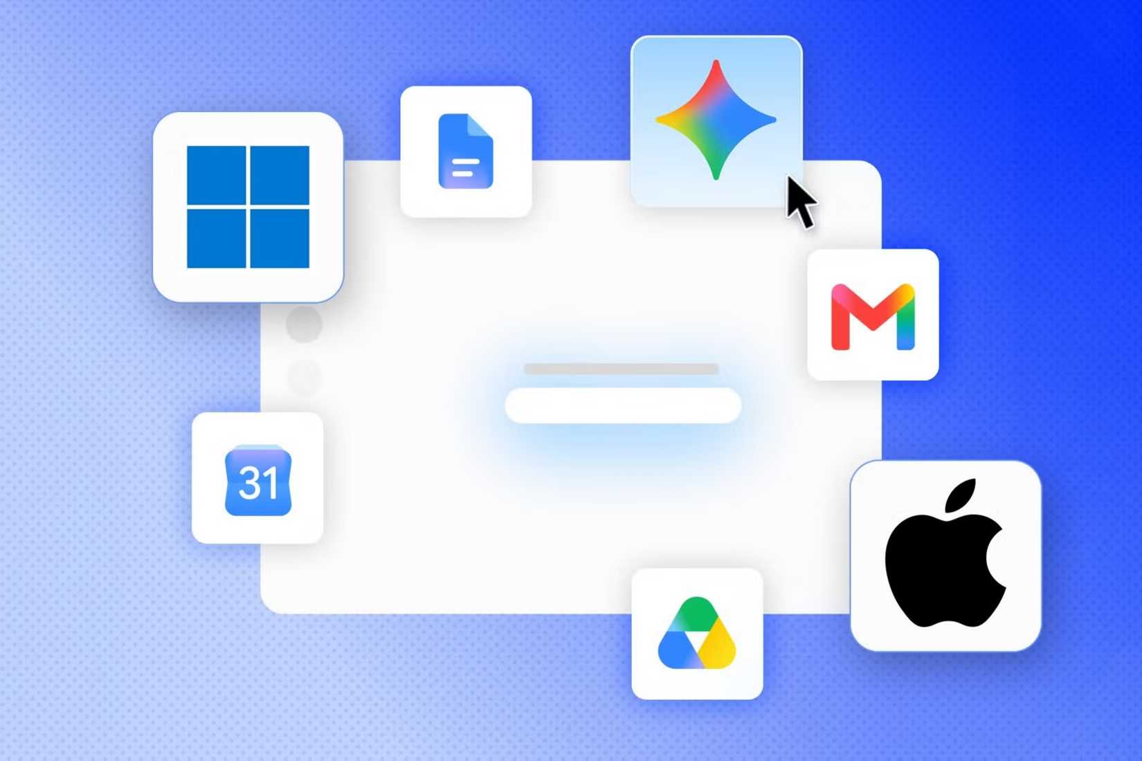 Gemini app interface surrounded by Windows, Apple, and Google app icons.