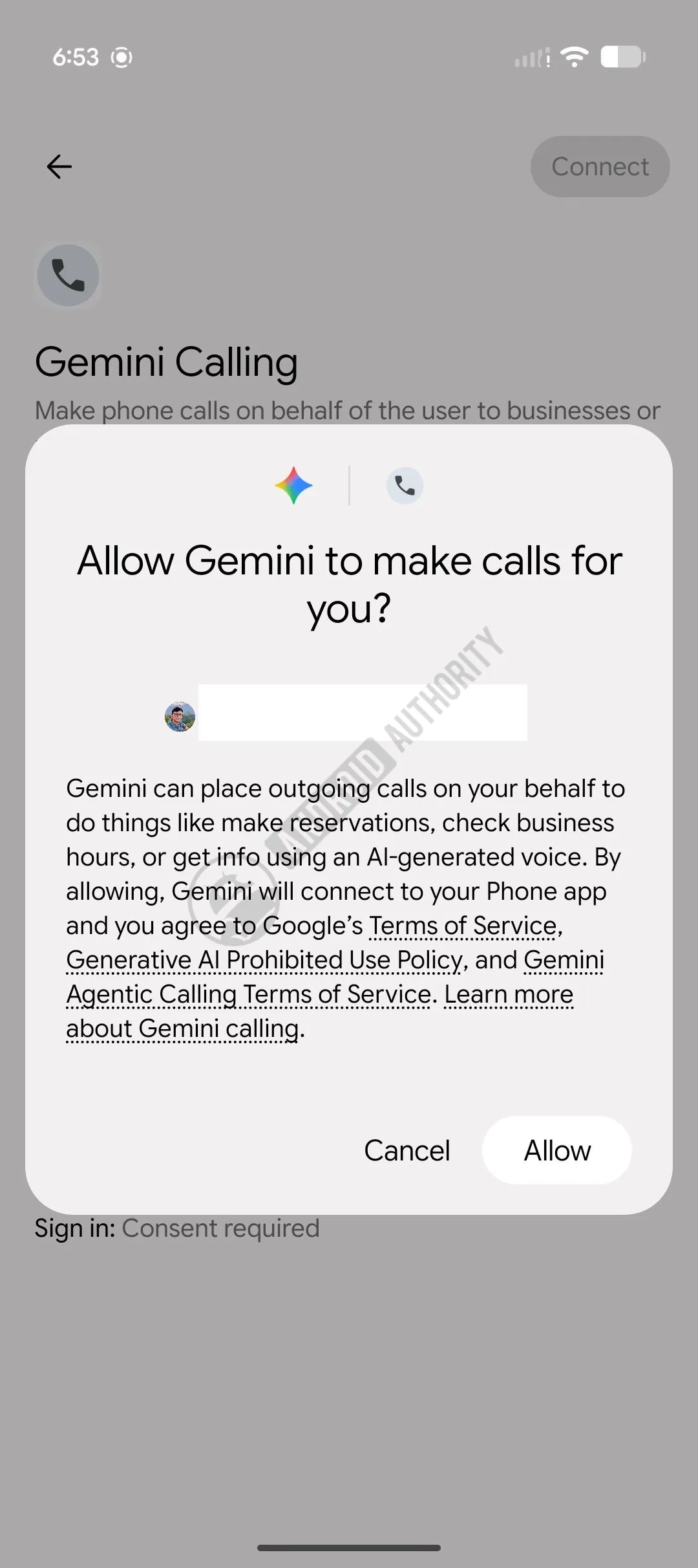 Gemini's calling permission.