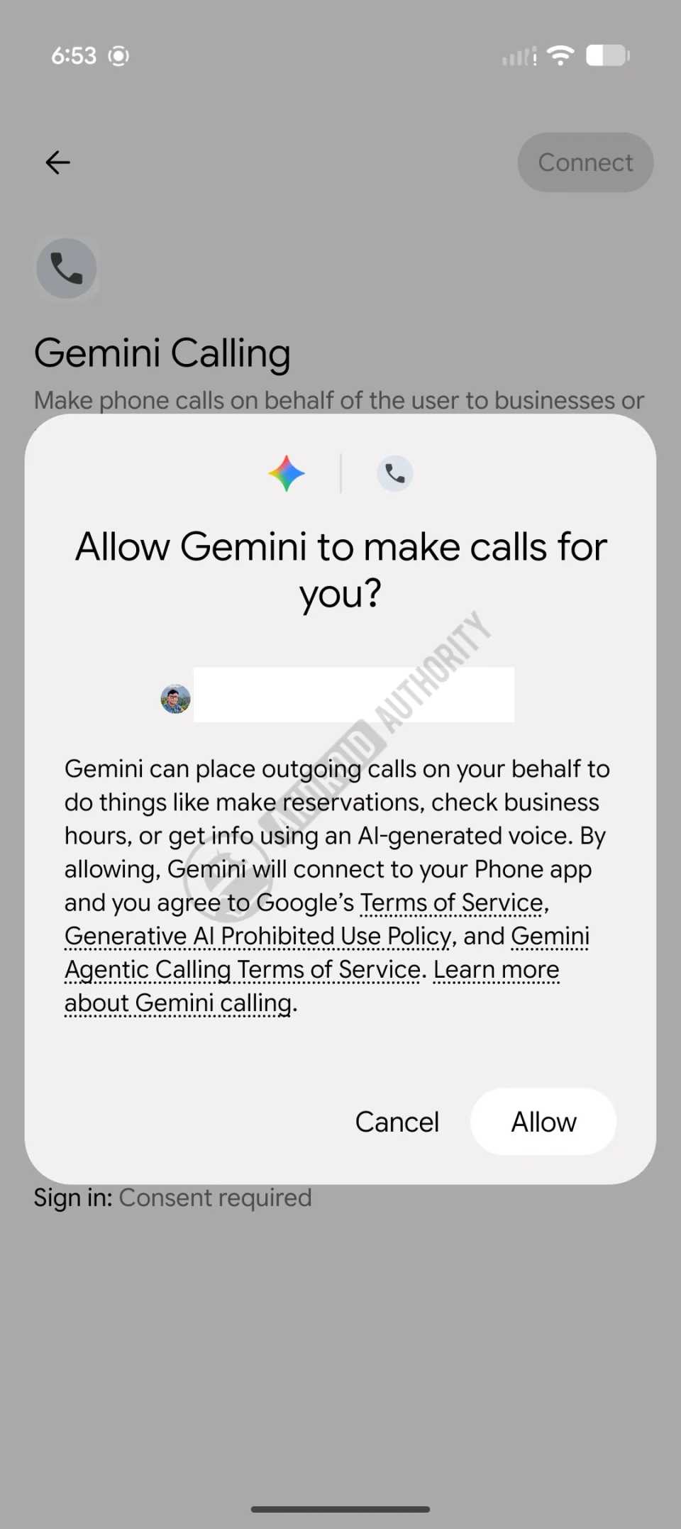Gemini's calling permission.