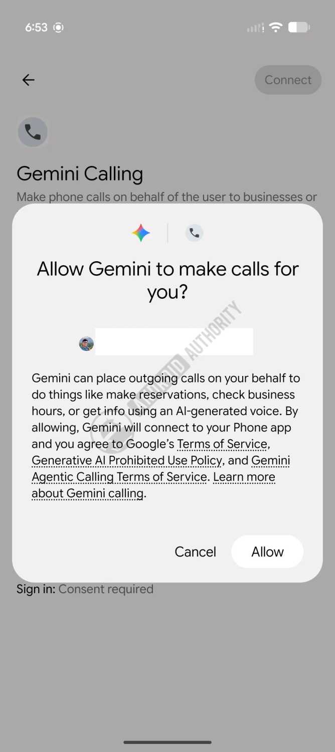 Gemini's calling permission.