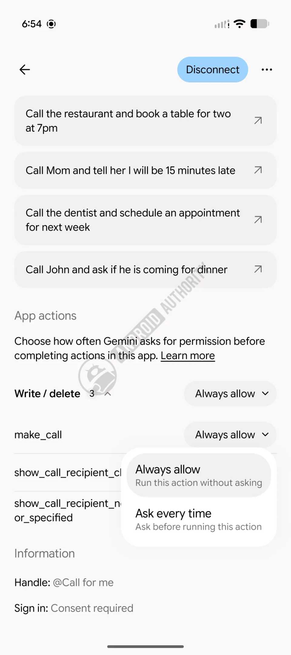 Gemini's calling options.