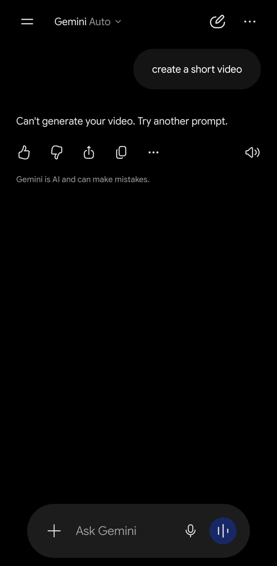 Gemini chat showing a prompt and an error text.
