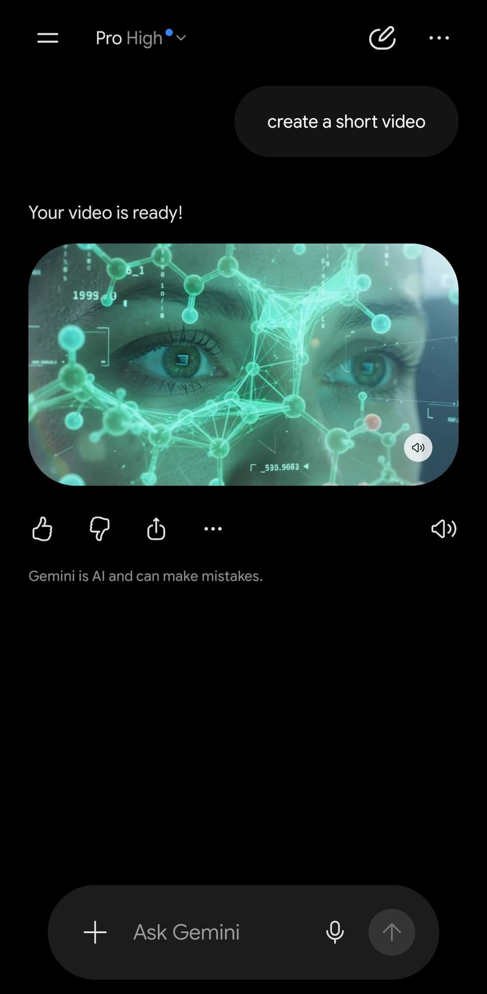 Gemini chat showing a simple video prompt and the video result.