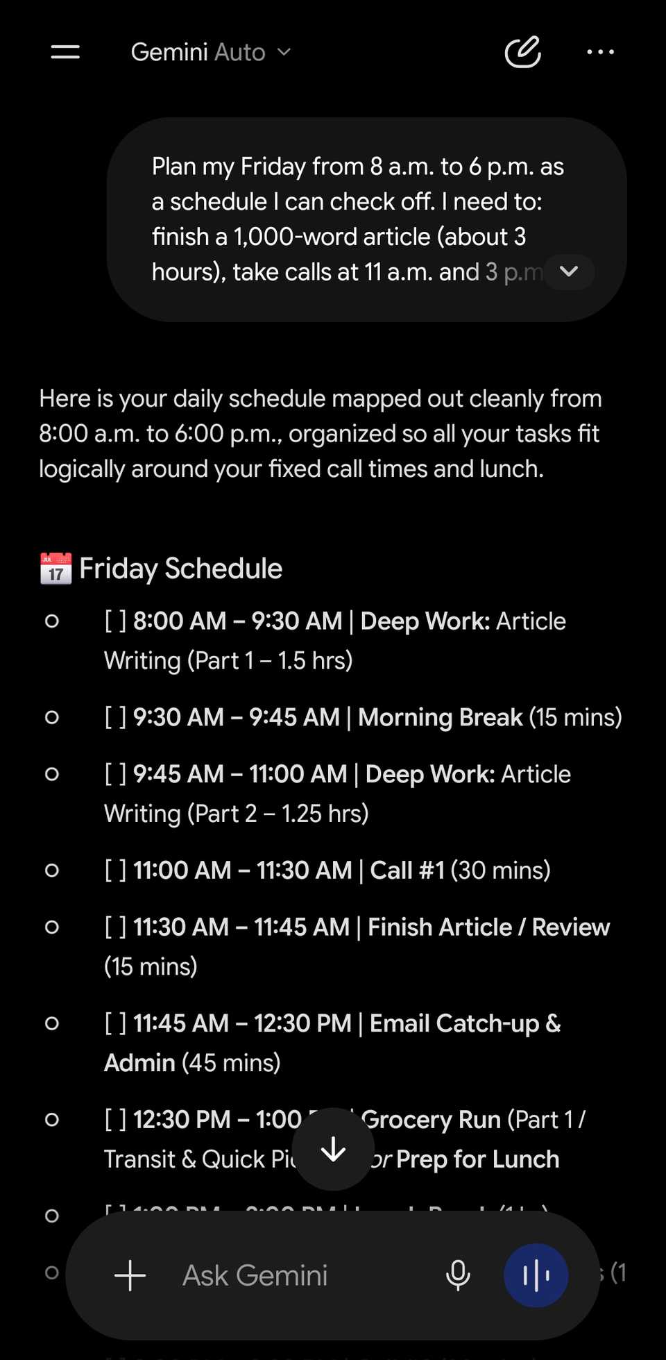 Gemini chat showing a prompt for a day planner and part of the results.