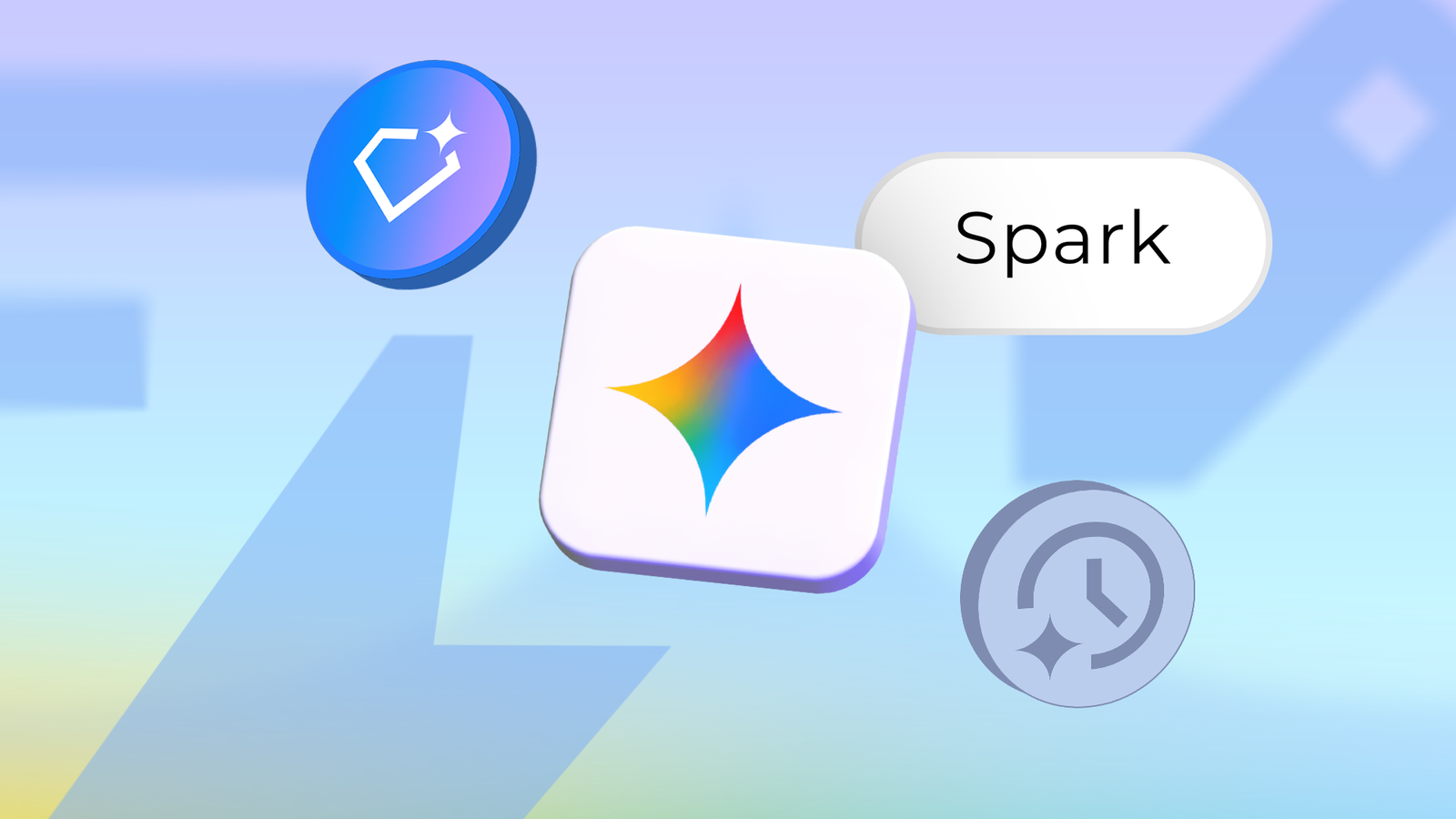 Gemini, Gems, Spark, and Scheduled Actions icons floating on a light blue gradient background.