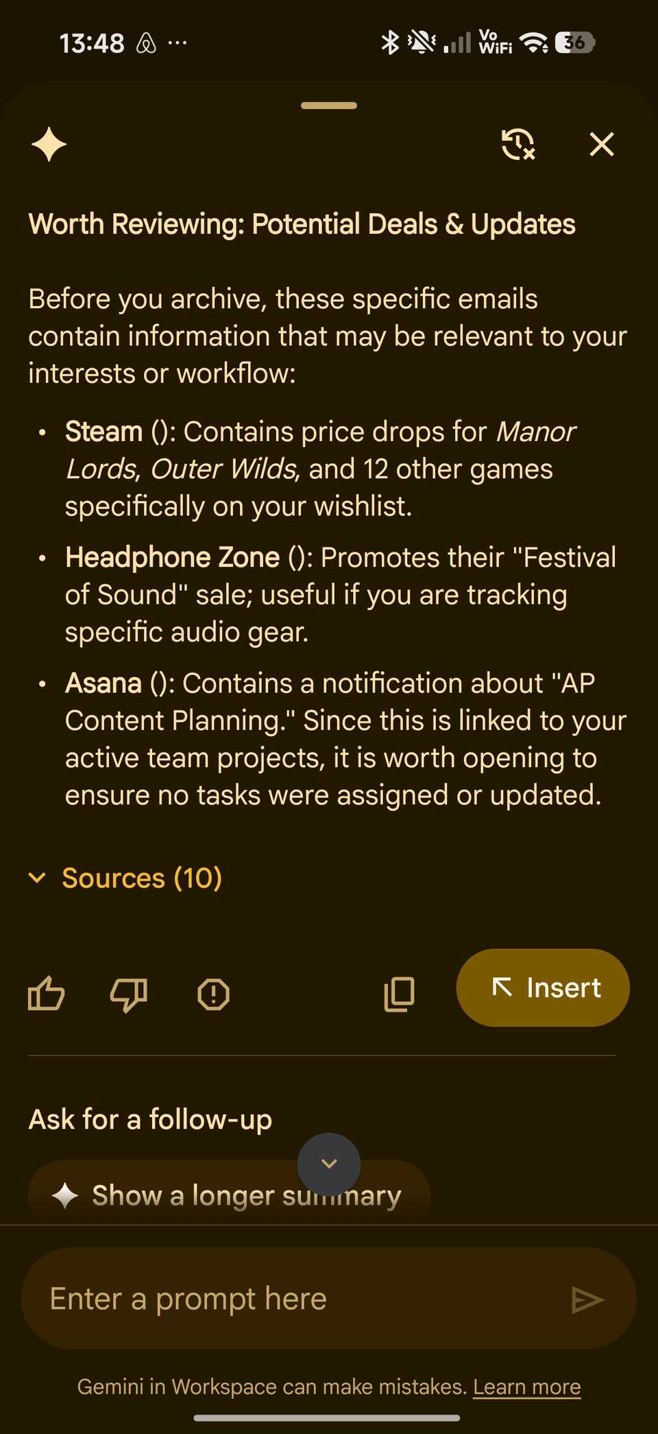 Gemini reply in Gmail mentioning deals and newsletter worth looking at