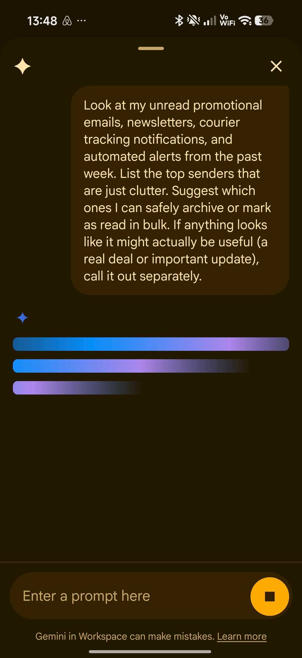 A Gemini prompt in Gmail asking it to flag clutter and anything that needs attention