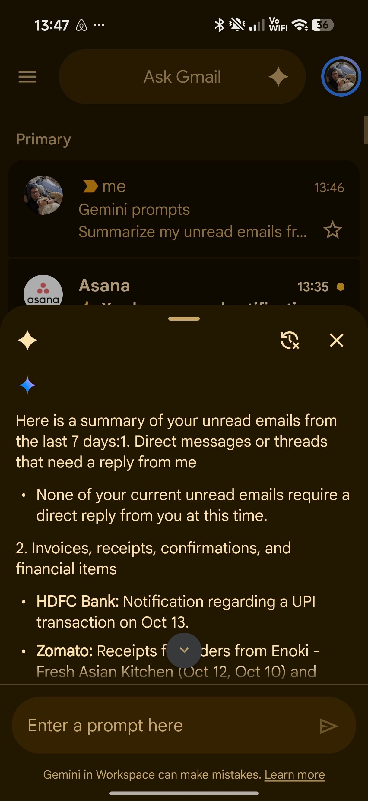 Gemini's reply to summary prompt showing details that need attention