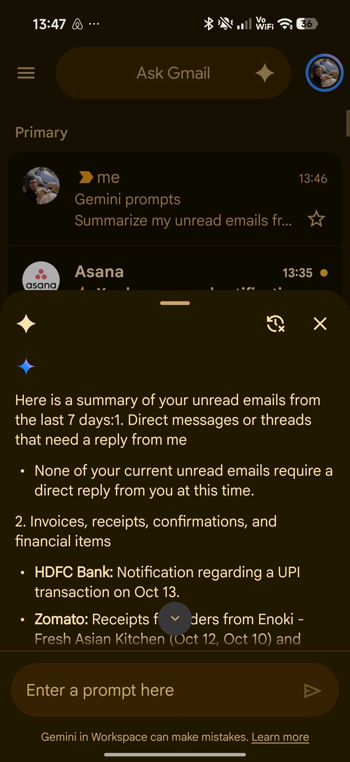 Gemini's reply to summary prompt showing details that need attention