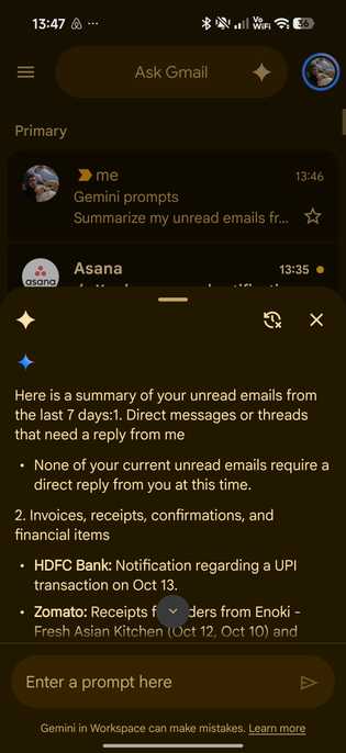 Gemini's reply to summary prompt showing details that need attention