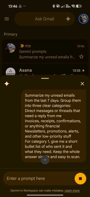A Gemini prompt in Gmail asking to summarize unreal emails