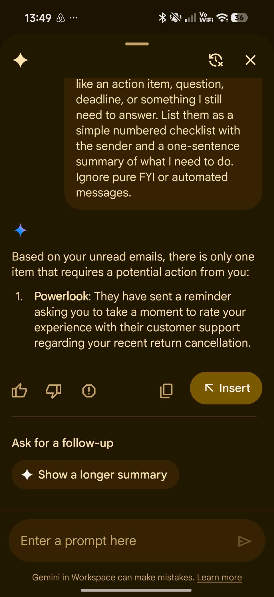Gemini reply to emails user may have missed out on that mentions automated reply