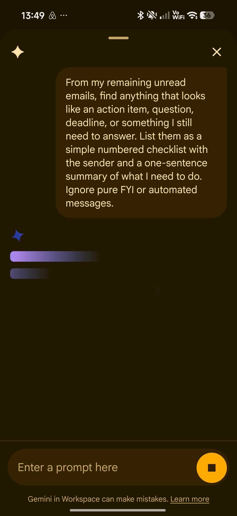 A Gemini prompt asking to double check any remaining unread emails worth looking at