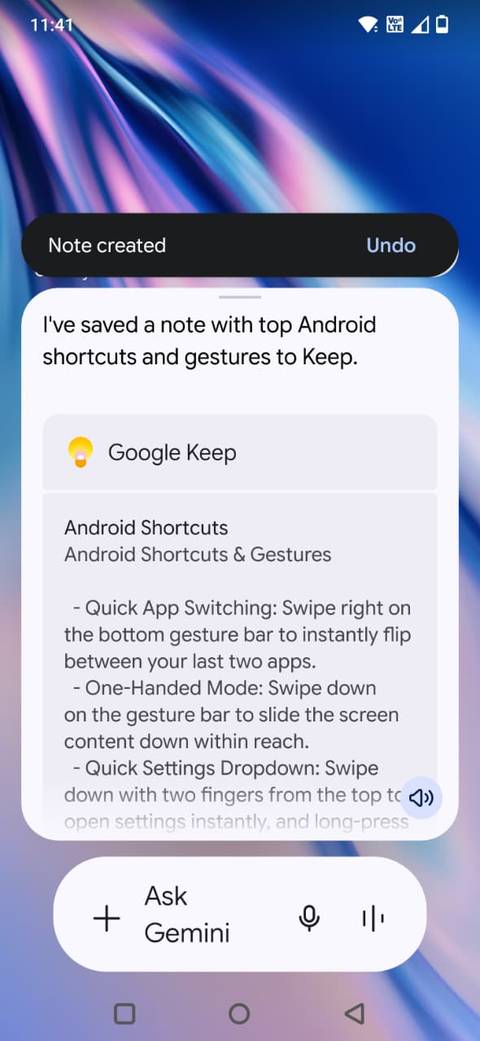 Screenshot showing Gemini saving a note to Google Keep