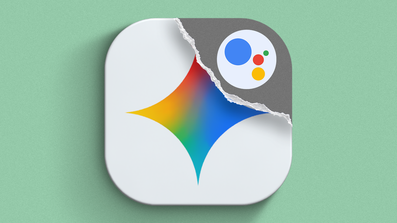 Gemini icon with a torn corner revealing the Google Assistant logo.