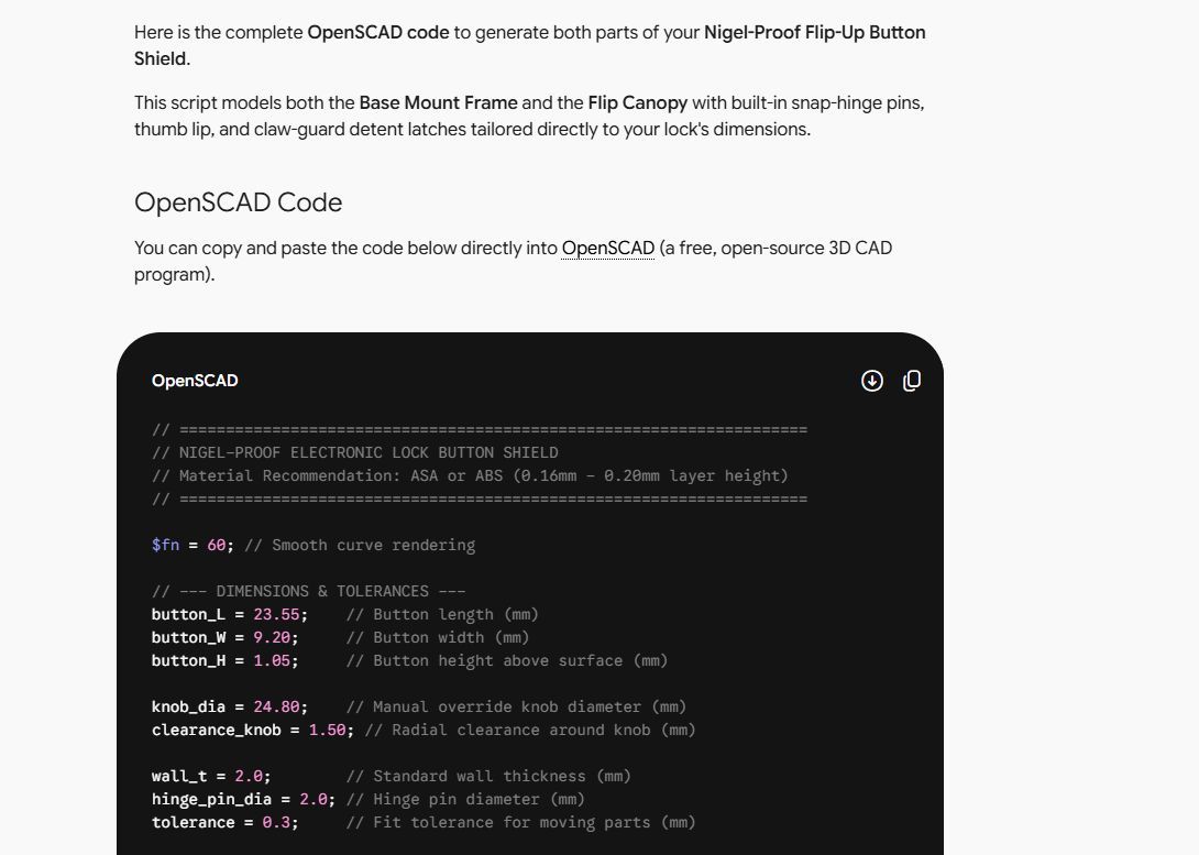 Screenshot showing OpenSCAD code generated by Gemini