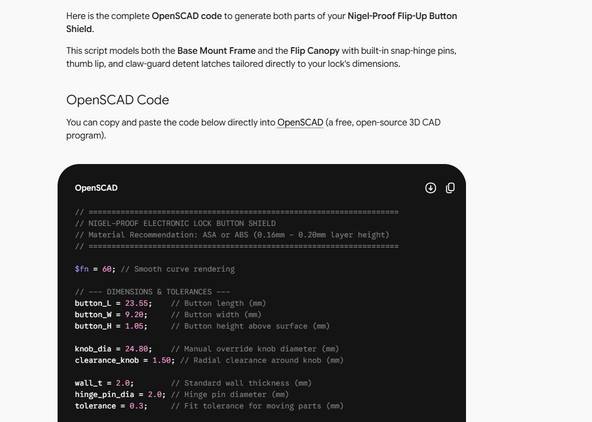 Screenshot showing OpenSCAD code generated by Gemini