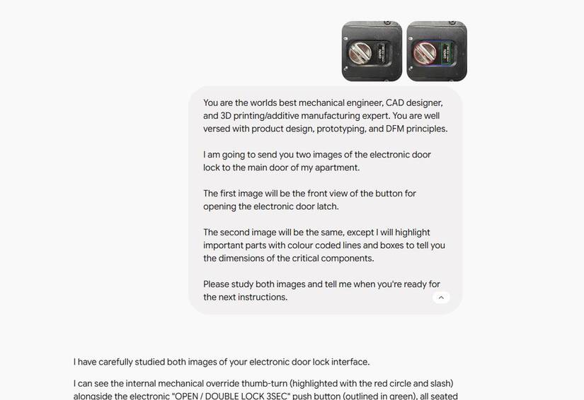 Screeenshot showing instructions for Gemini requesting dsign ideas for a door lock cover