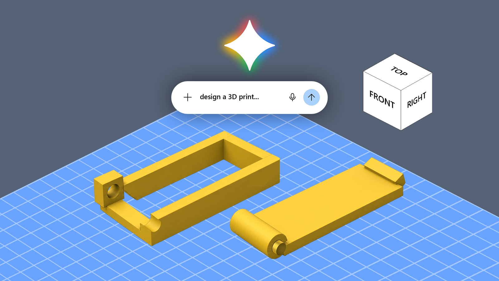 Gemini logo above two yellow 3D-printed CAD parts on a blue grid workspace.