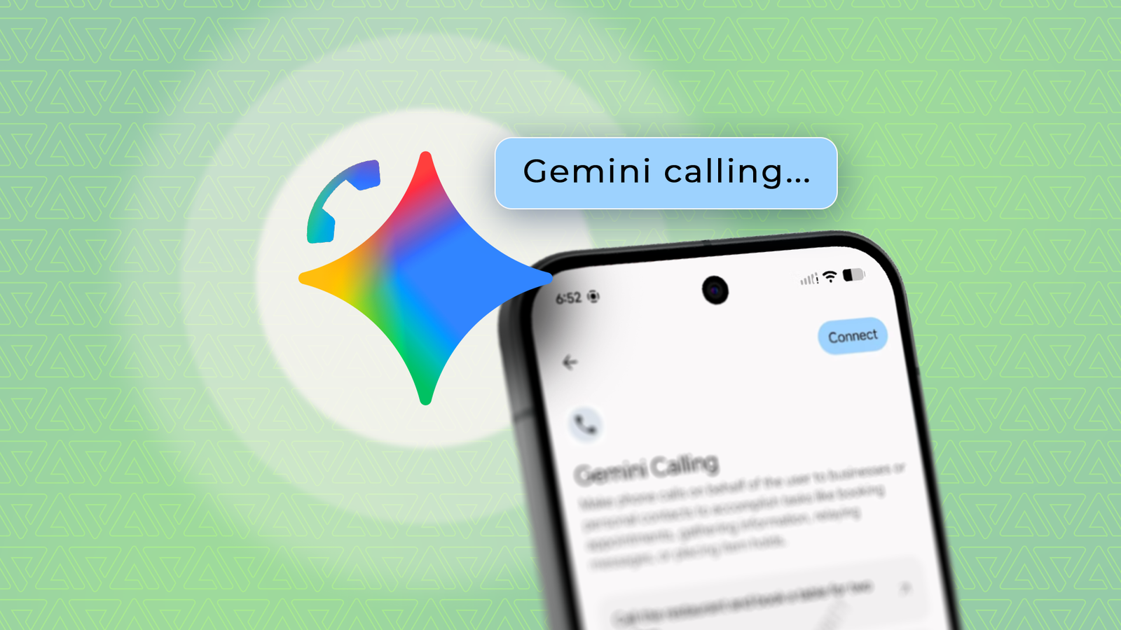 Gemini logo beside a smartphone showing the Gemini Calling feature.