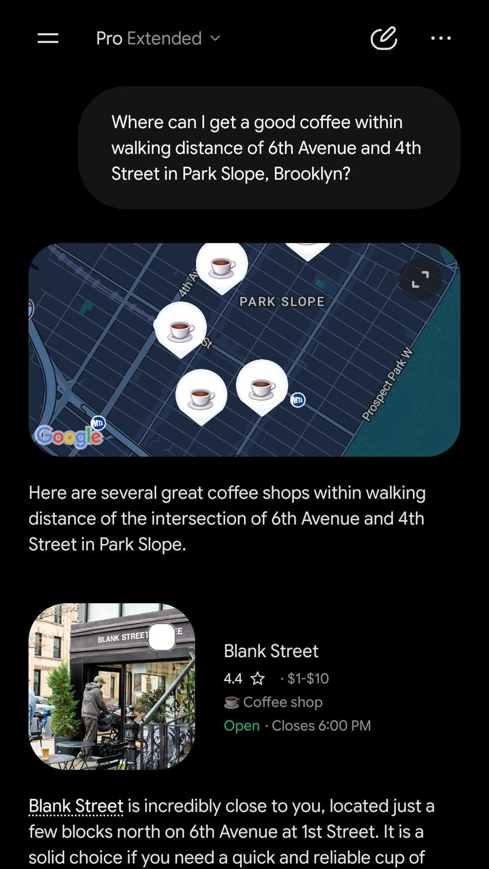 Gemini chat showing a map preview with a map preview and a Blank Street card.