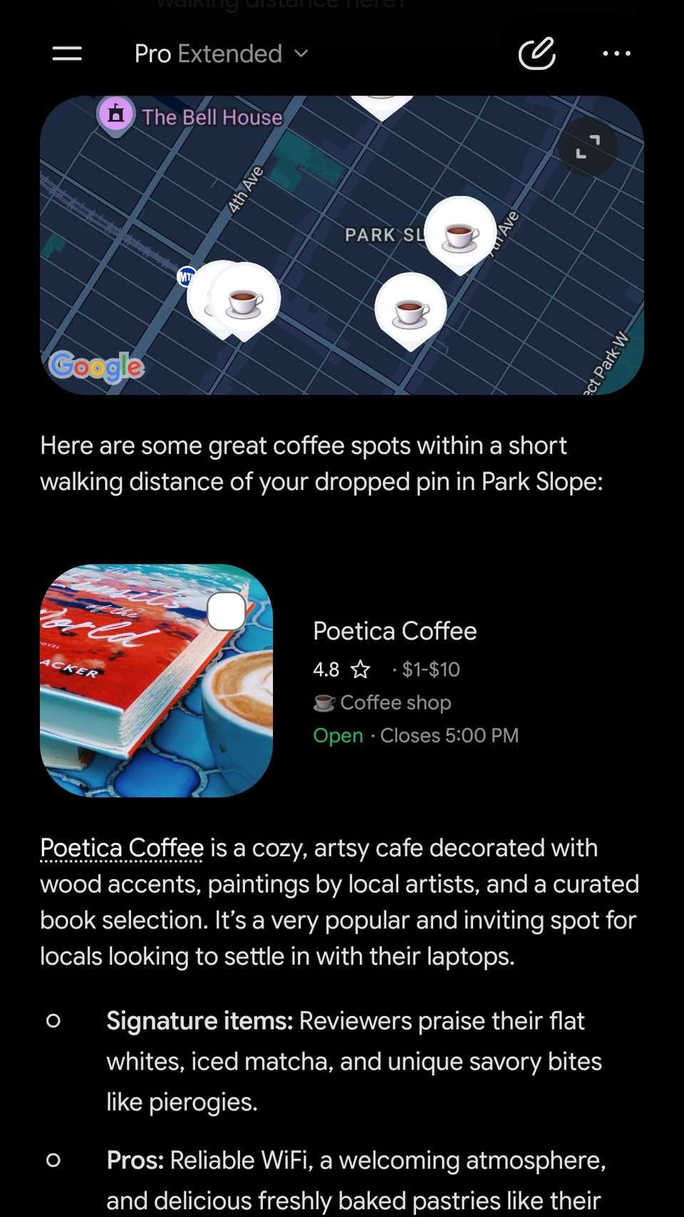 Gemini chat showing a map preview with a card and some information about Poetica Coffee.