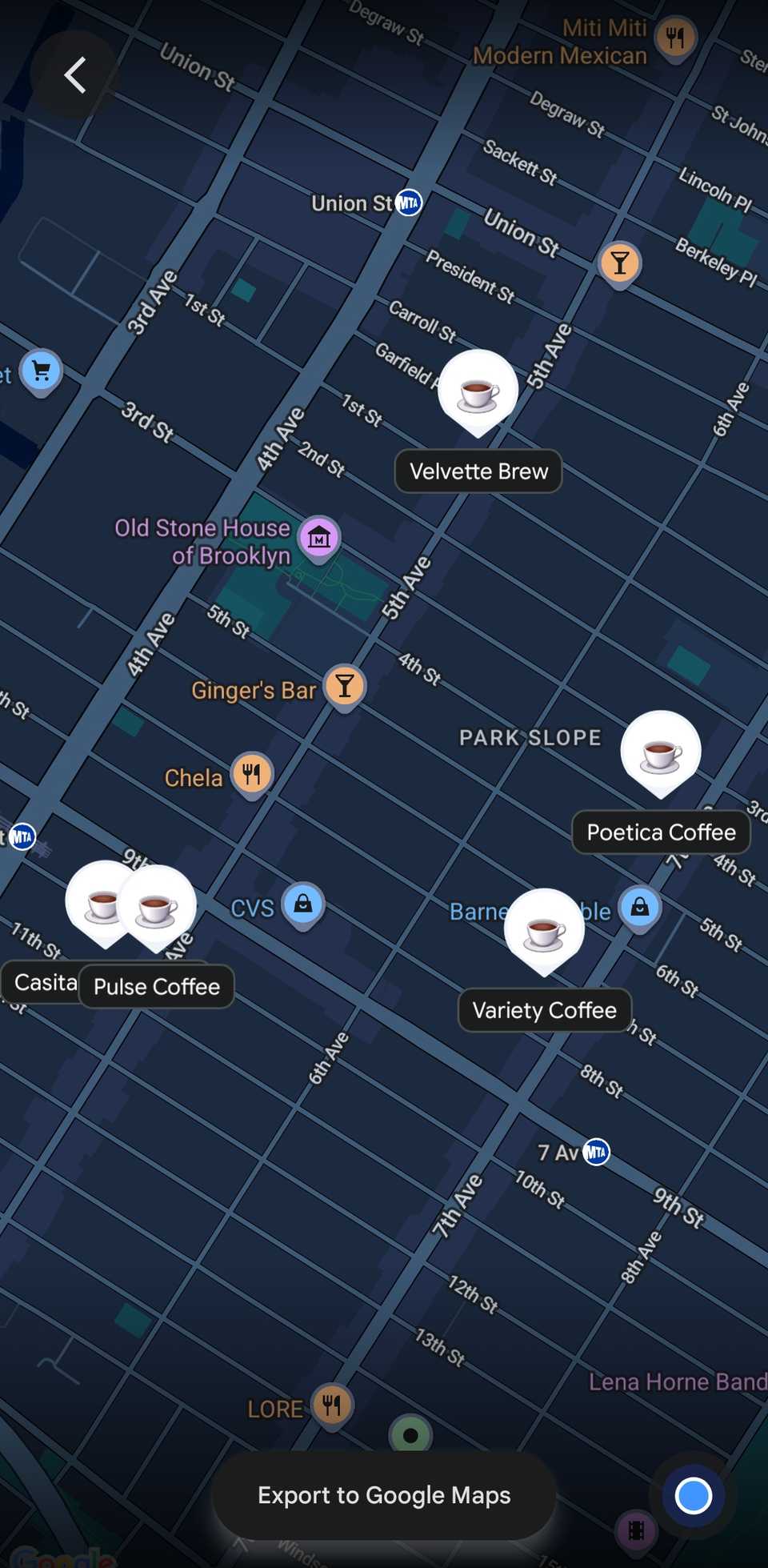 An expanded Gemini map preview showing coffee spots in Park Slope.