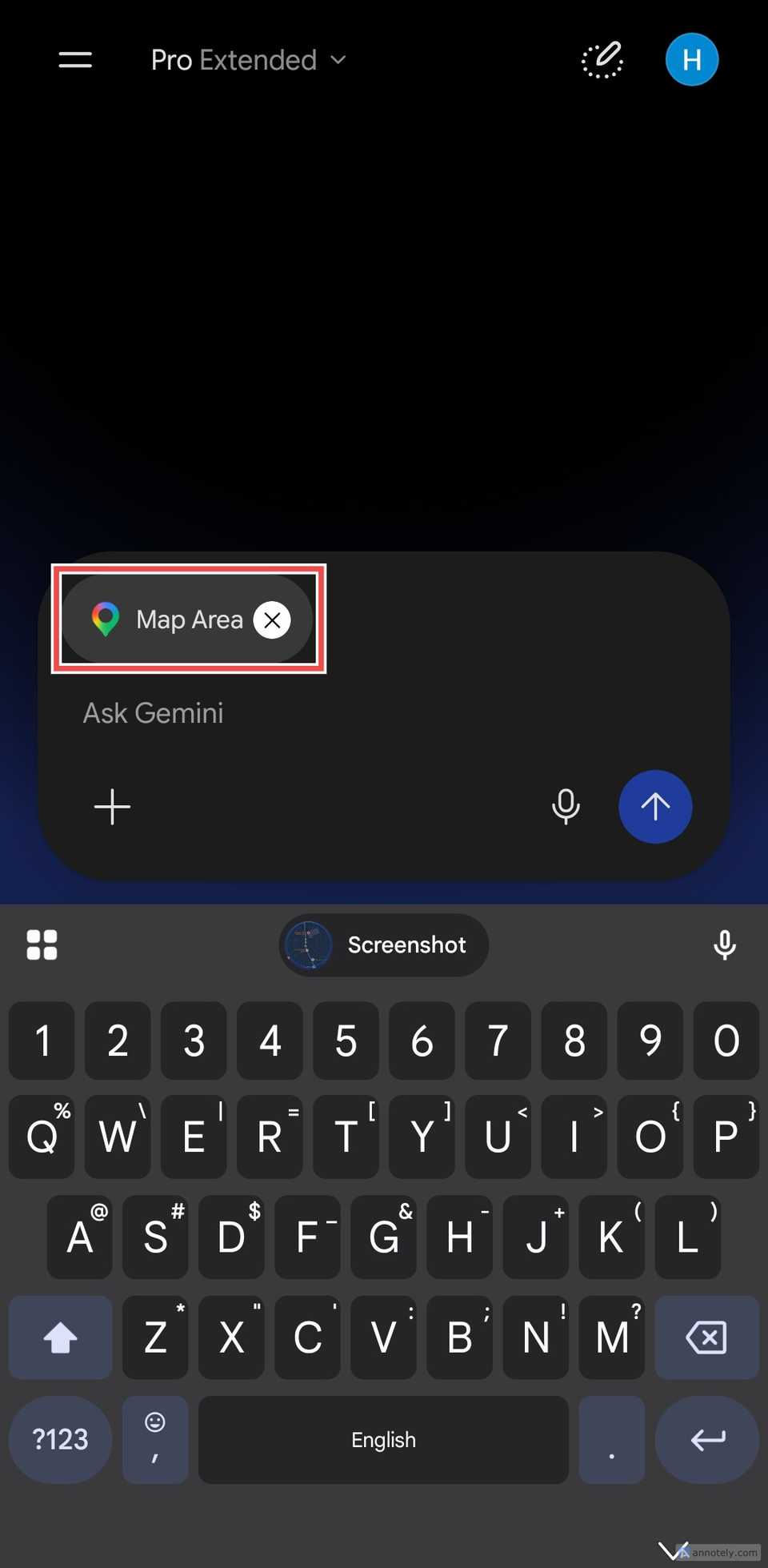 Gemini app chat box with Map Area chip highlighted.