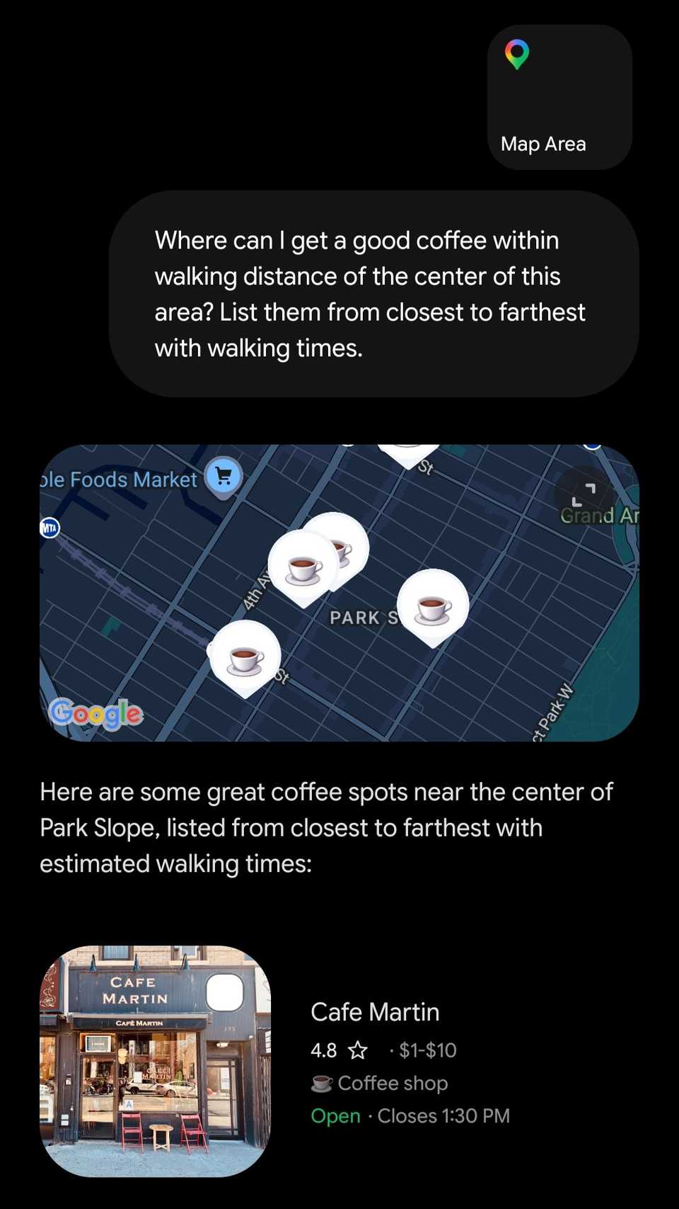 Gemini chat showing a map preview with a card about Cafe Martin.