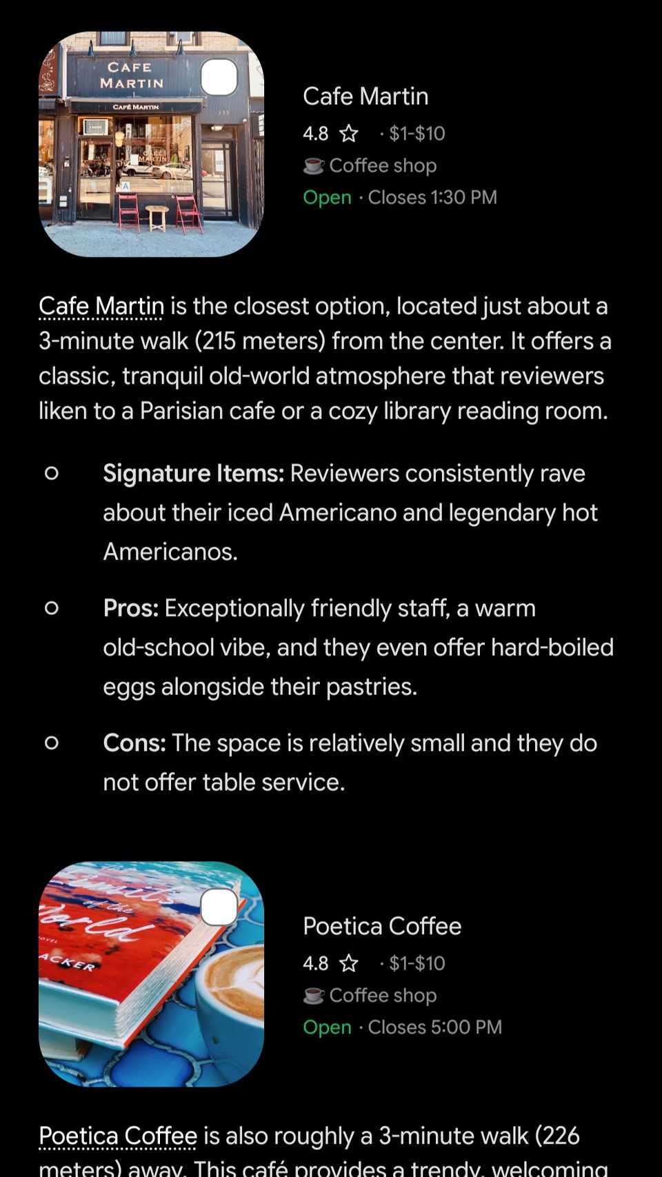 Gemini chat showing a map preview with cards and some information about Cafe Martin and Poetica Coffee.