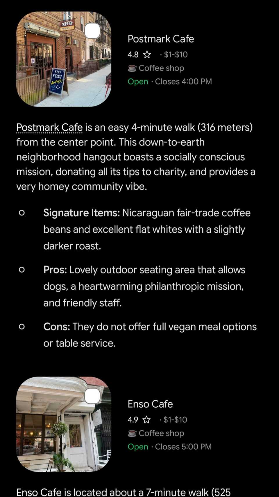 Gemini chat showing a map preview with cards and some information about Postmark and Enso Cafes.