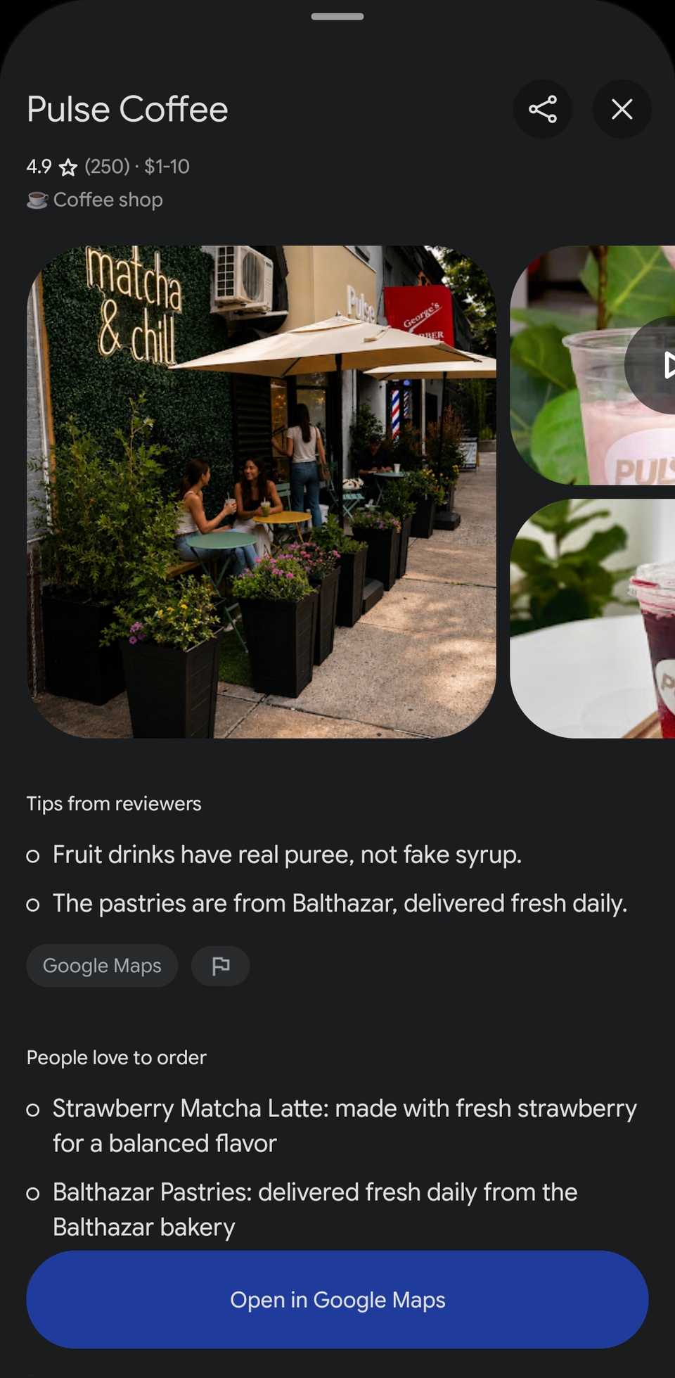 An expanded card about Pulse Coffee within a Gemini chat.