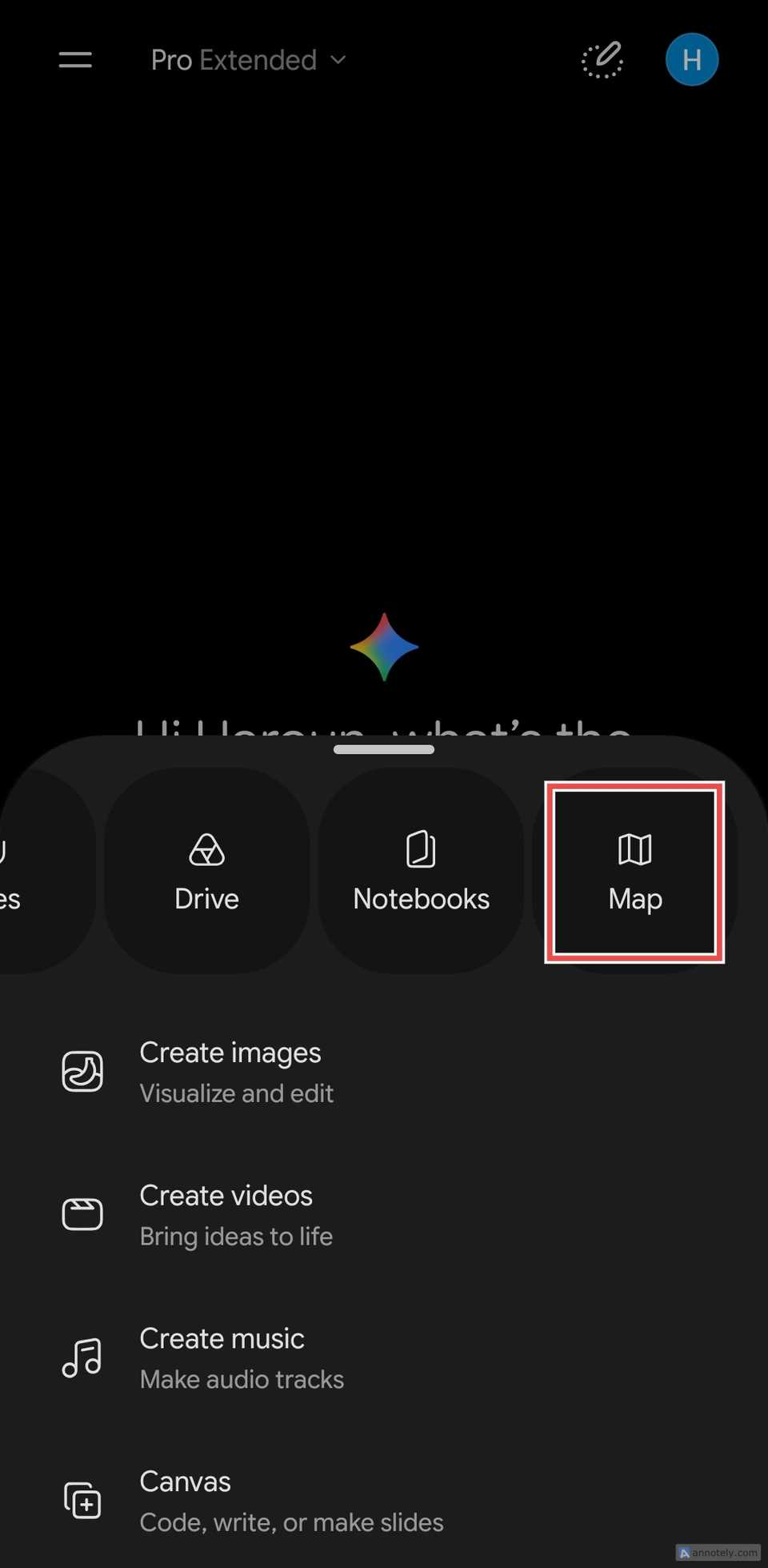 New Gemini chat with the plus menu open and 'Map' highlighted.