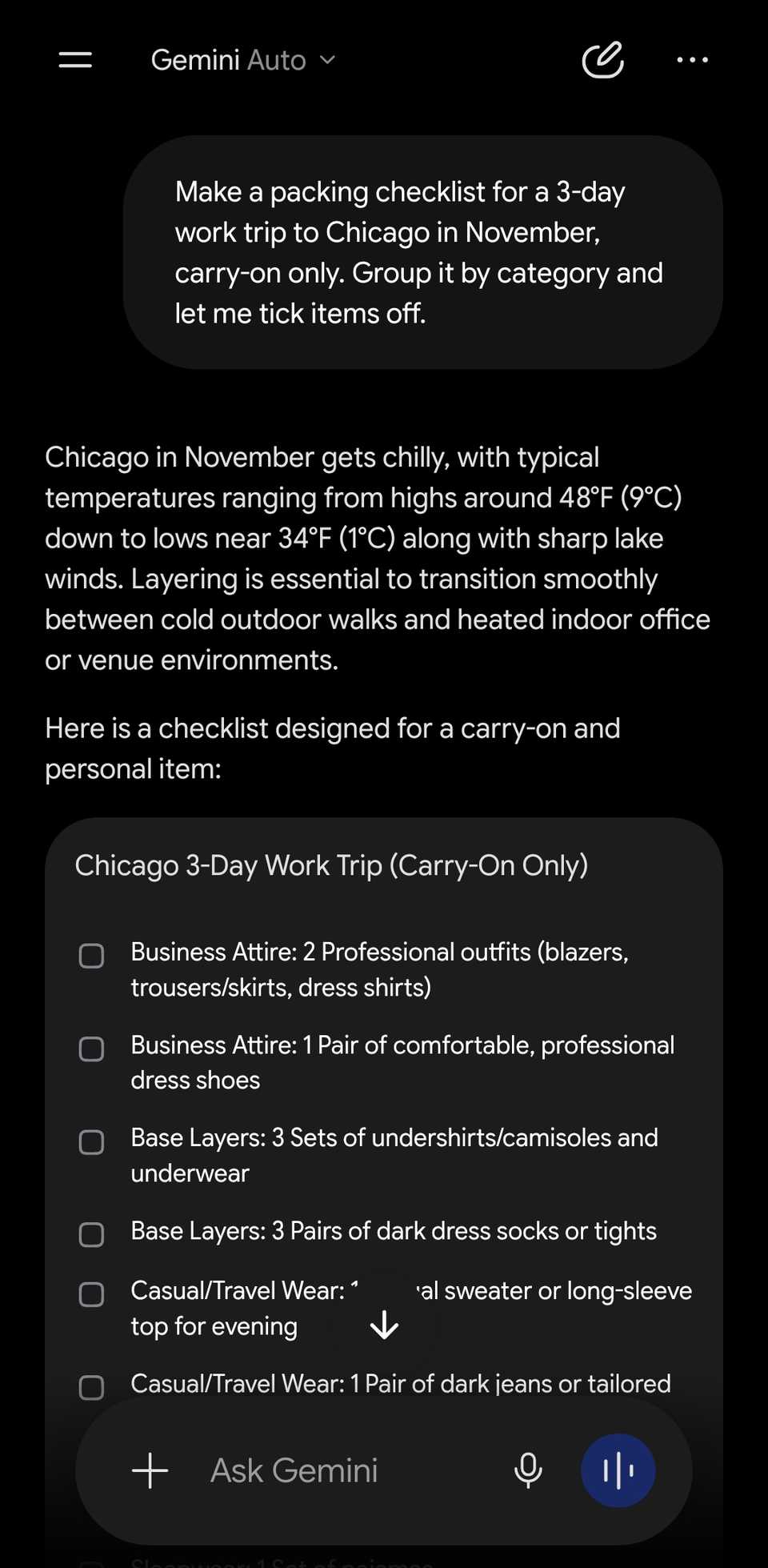 Geminichat showing a prompt for a work trip checklist and part of the results.