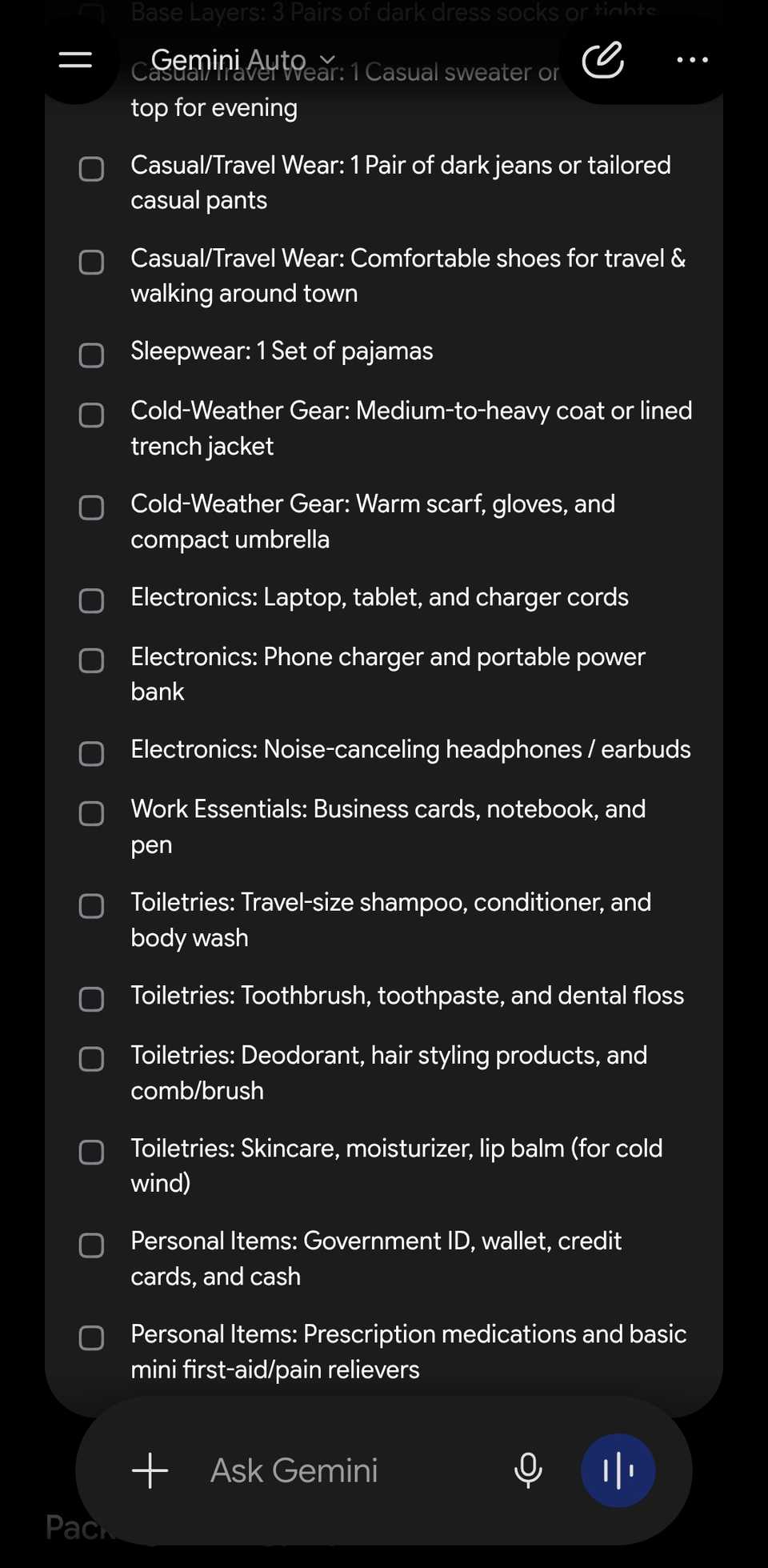 Gemini chat showing part of the results for a work trip checklist.