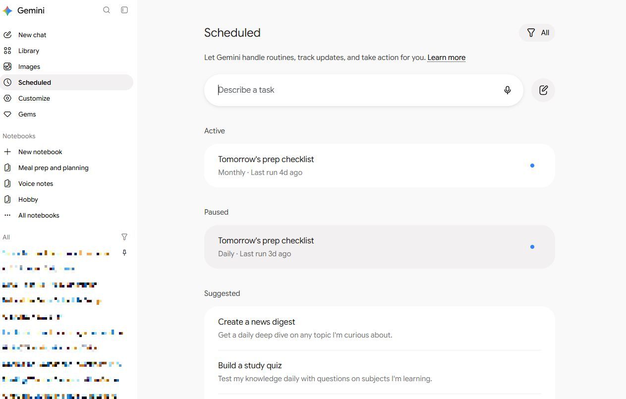 Screenshot of the Scheduled actions page in Gemini