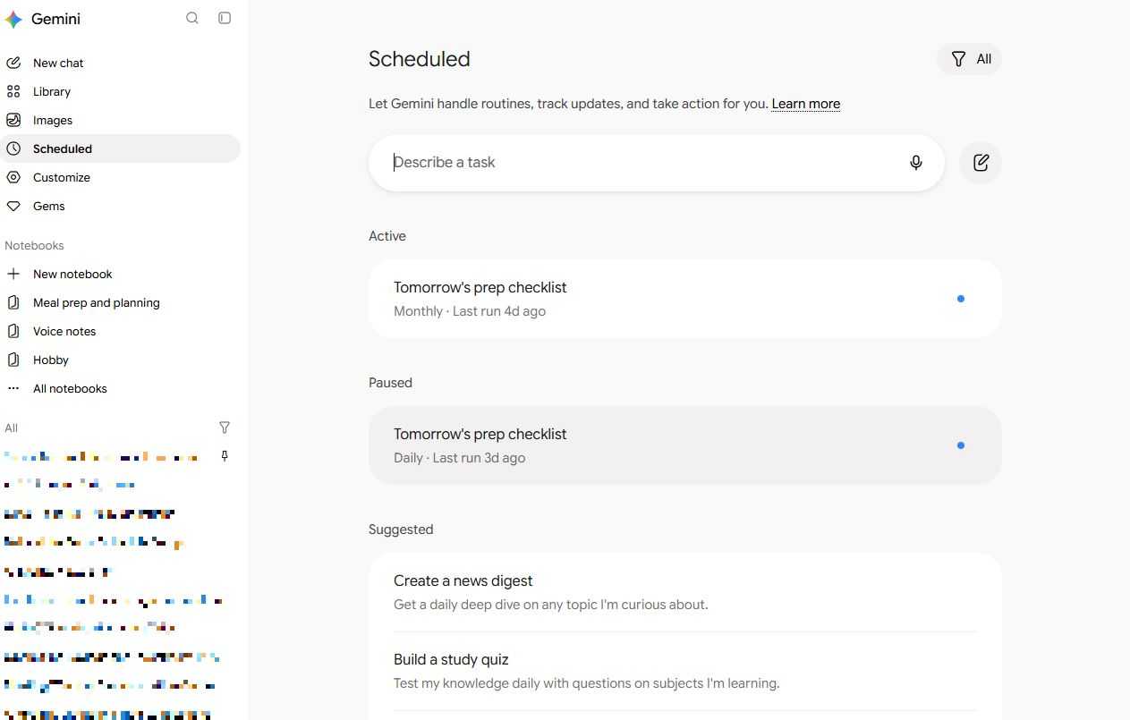 Screenshot of the Scheduled actions page in Gemini